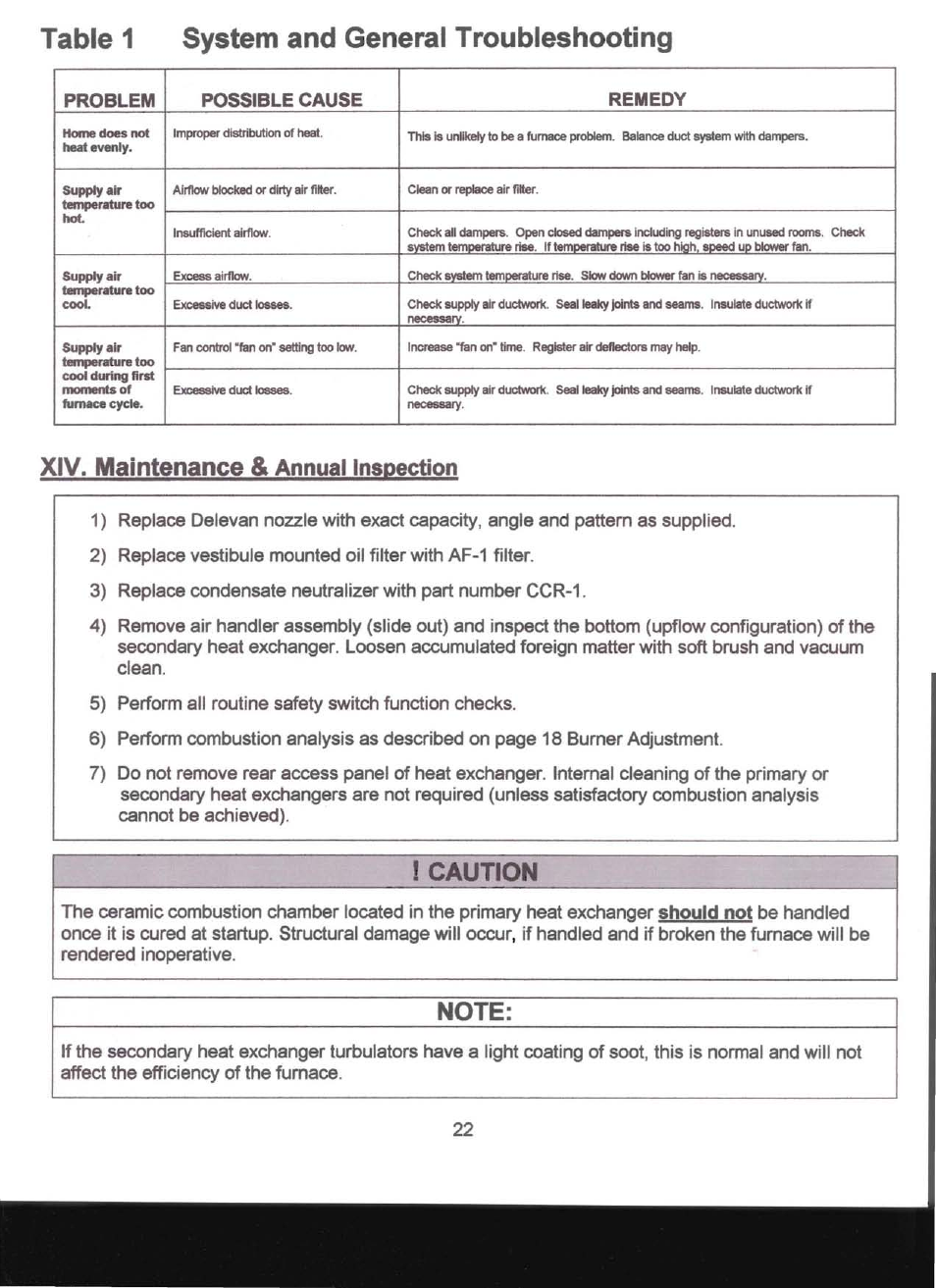 Xiv. maintenance & annual inspection, Caution, Note | Table 1 system and general troubleshooting, Maintenance, Annual inspection | Adams Condensing Oil-Fired Furnace User Manual | Page 23 / 25