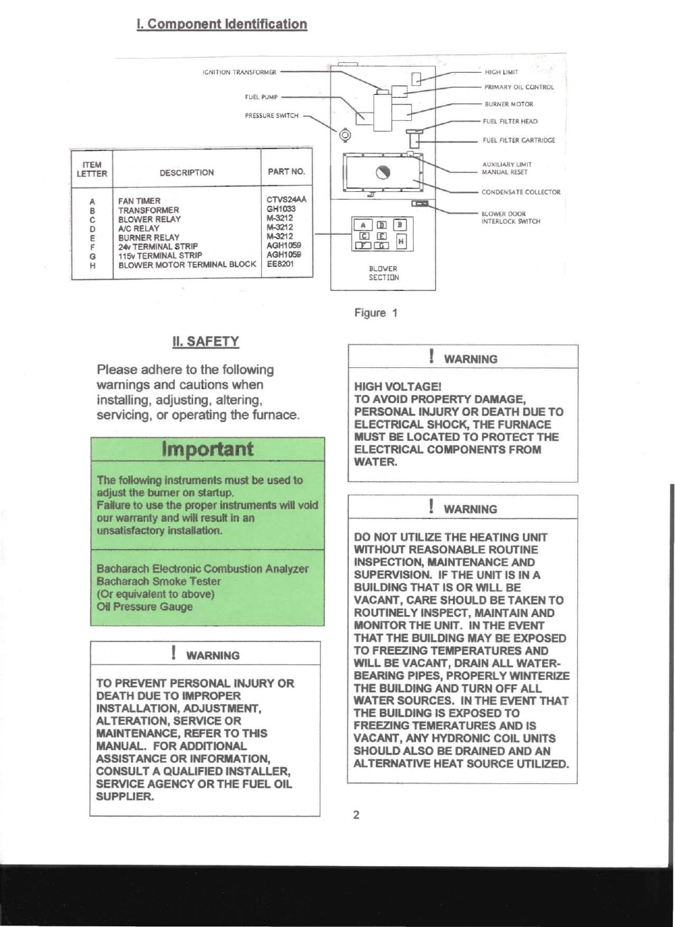 Important, Component identification, Ii. safety | Adams Condensing Oil-Fired Furnace User Manual | Page 3 / 25