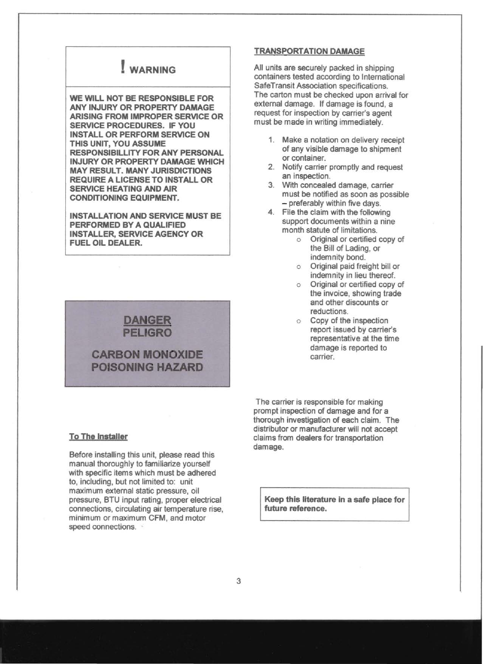 Transportation damage, Danger peligro carbon monoxide poisoning hazard | Adams Condensing Oil-Fired Furnace User Manual | Page 4 / 25