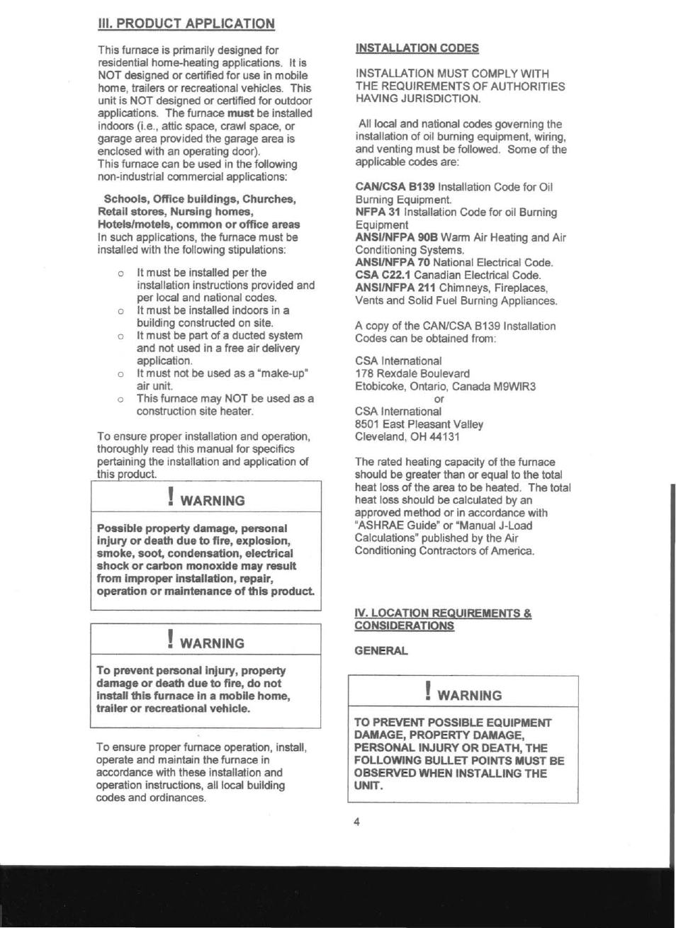 Installation codes, Iv. location requirements & considerations, General | Adams Condensing Oil-Fired Furnace User Manual | Page 5 / 25