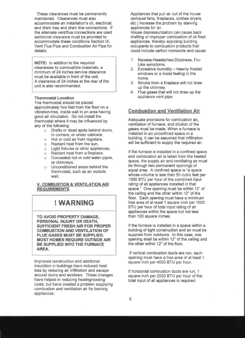 Thermostat location, V. combustion & ventilation air requirements, Warning | Combustion and ventilation air | Adams Condensing Oil-Fired Furnace User Manual | Page 7 / 25