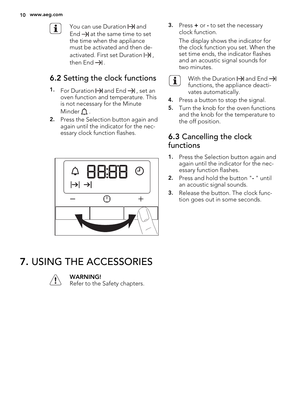 Using the accessories, 2 setting the clock functions, 3 cancelling the clock functions | AEG NC7003000M User Manual | Page 10 / 32