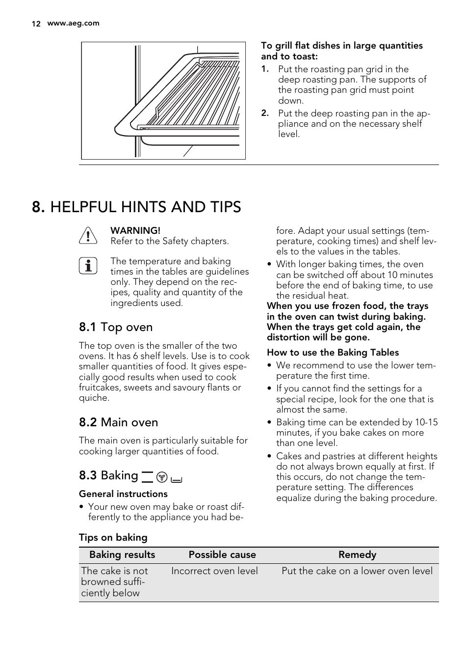 Helpful hints and tips, 1 top oven, 2 main oven | 3 baking | AEG NC7003000M User Manual | Page 12 / 32