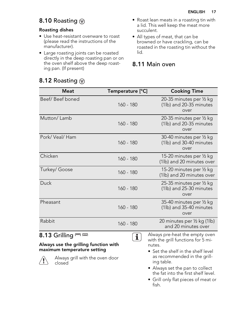 10 roasting, 13 grilling | AEG NC7003000M User Manual | Page 17 / 32