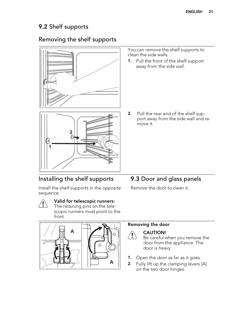 2 shelf supports removing the shelf supports, Installing the shelf supports, 3 door and glass panels | AEG NC7003000M User Manual | Page 21 / 32