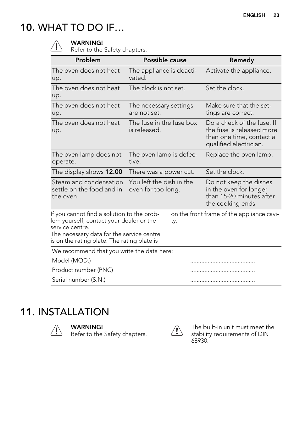 What to do if, Installation | AEG NC7003000M User Manual | Page 23 / 32