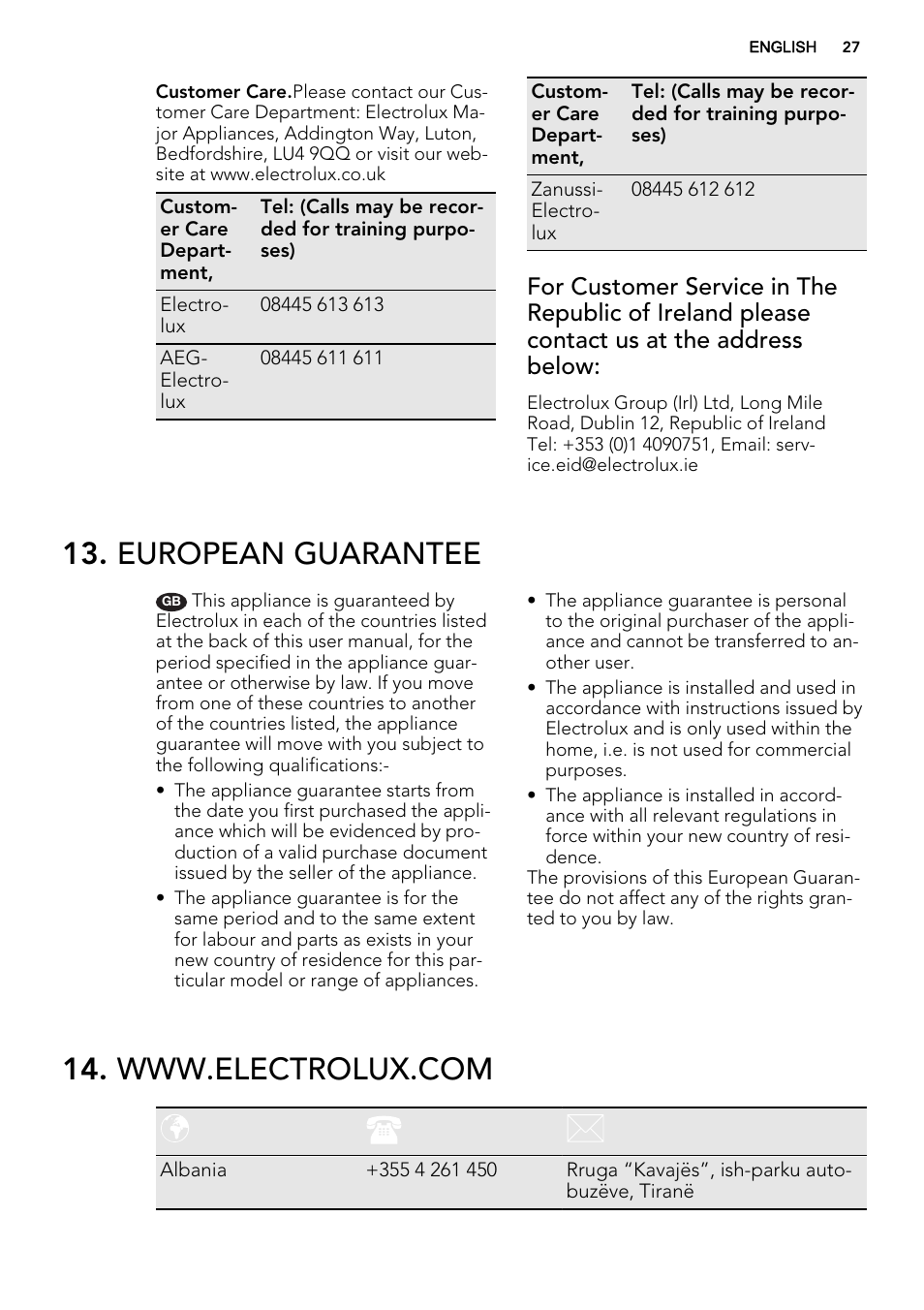 European guarantee | AEG NC7003000M User Manual | Page 27 / 32