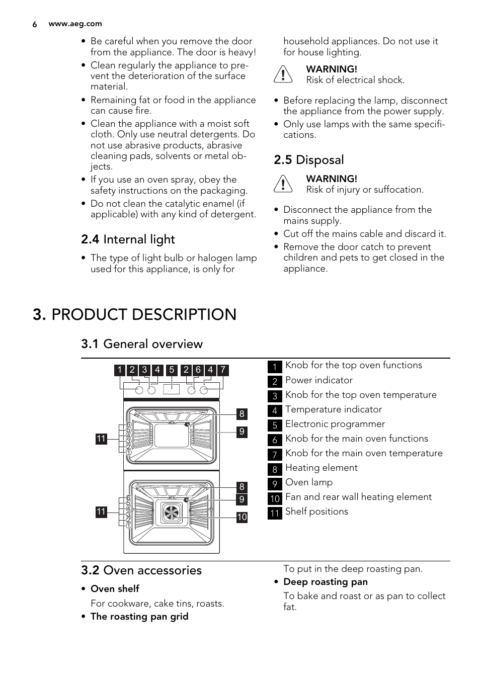 Product description, 4 internal light, 5 disposal | 1 general overview, 2 oven accessories | AEG NC7003000M User Manual | Page 6 / 32