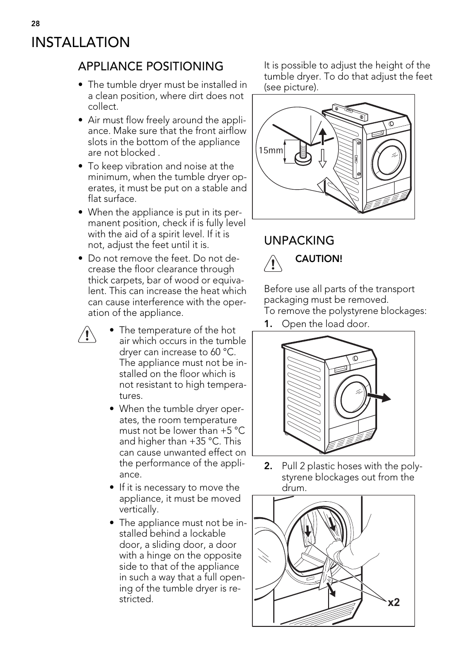 Installation, Appliance positioning, Unpacking | AEG T86280IC User Manual | Page 28 / 32
