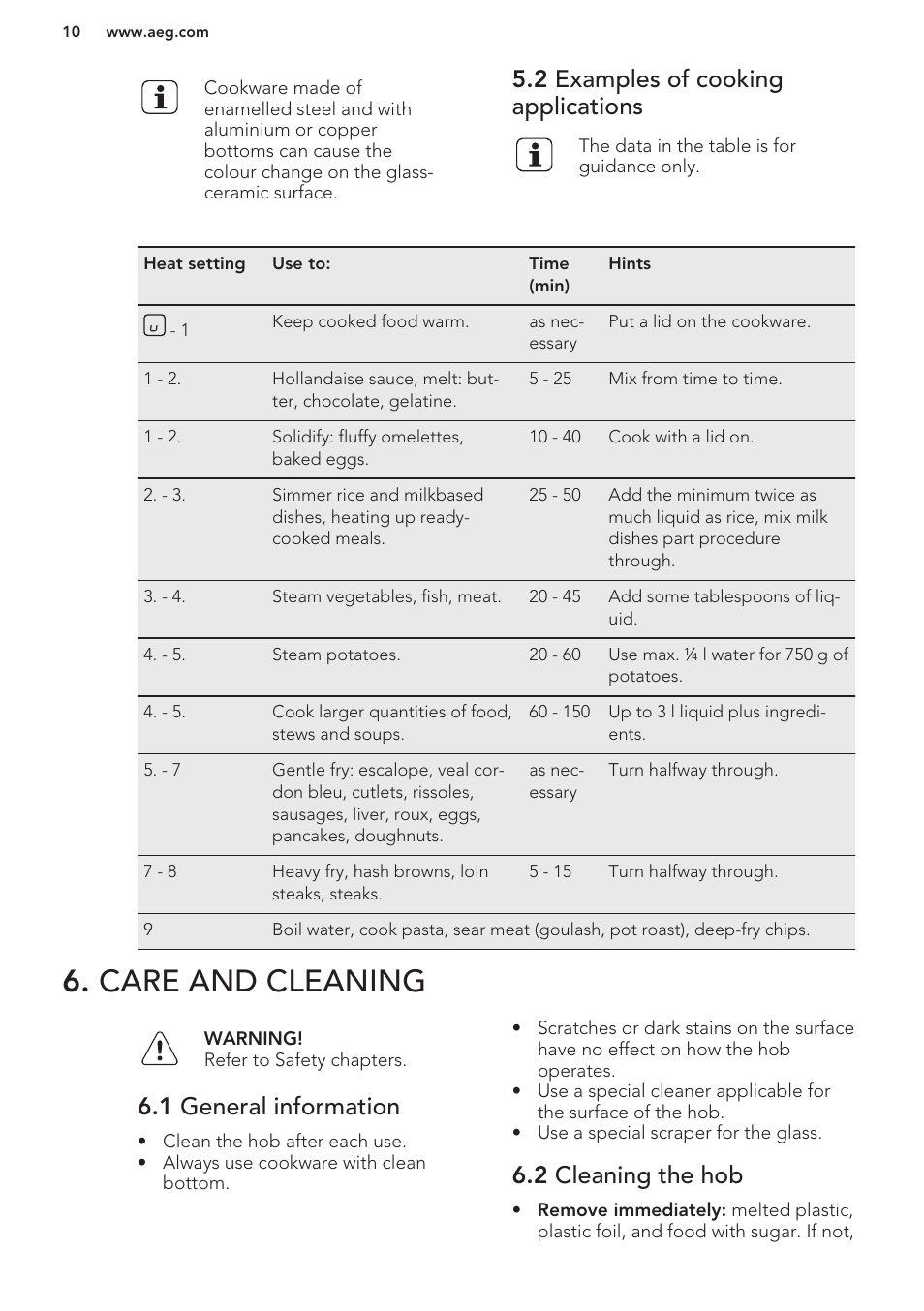2 examples of cooking applications, Care and cleaning, 1 general information | 2 cleaning the hob | AEG HK624010FB User Manual | Page 10 / 16