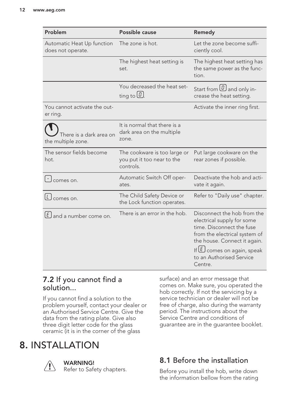 2 if you cannot find a solution, Installation, 1 before the installation | AEG HK624010FB User Manual | Page 12 / 16