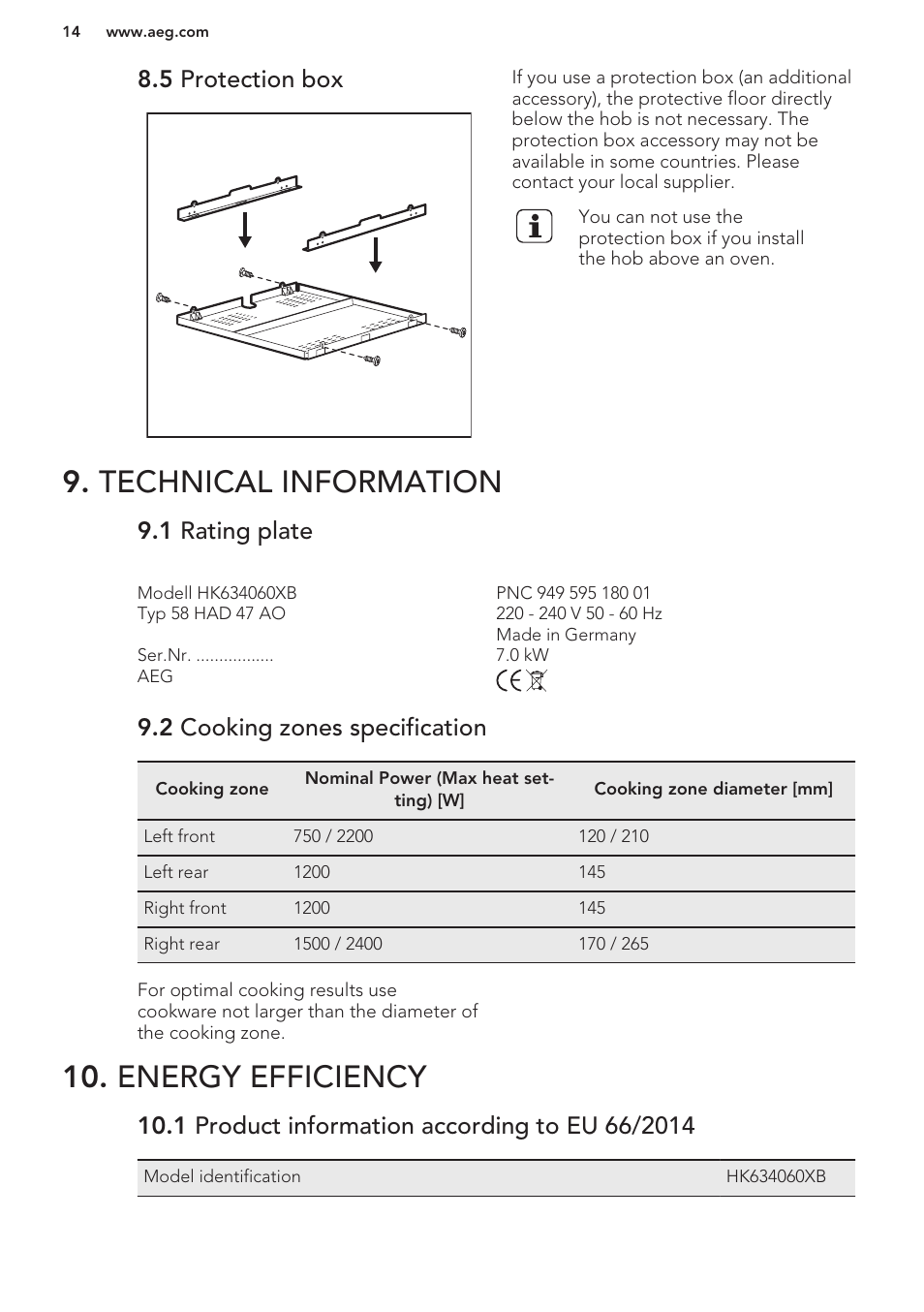 5 protection box, Technical information, 1 rating plate | 2 cooking zones specification, Energy efficiency, 1 product information according to eu 66/2014, Technical information 10. energy efficiency | AEG HK624010FB User Manual | Page 14 / 16