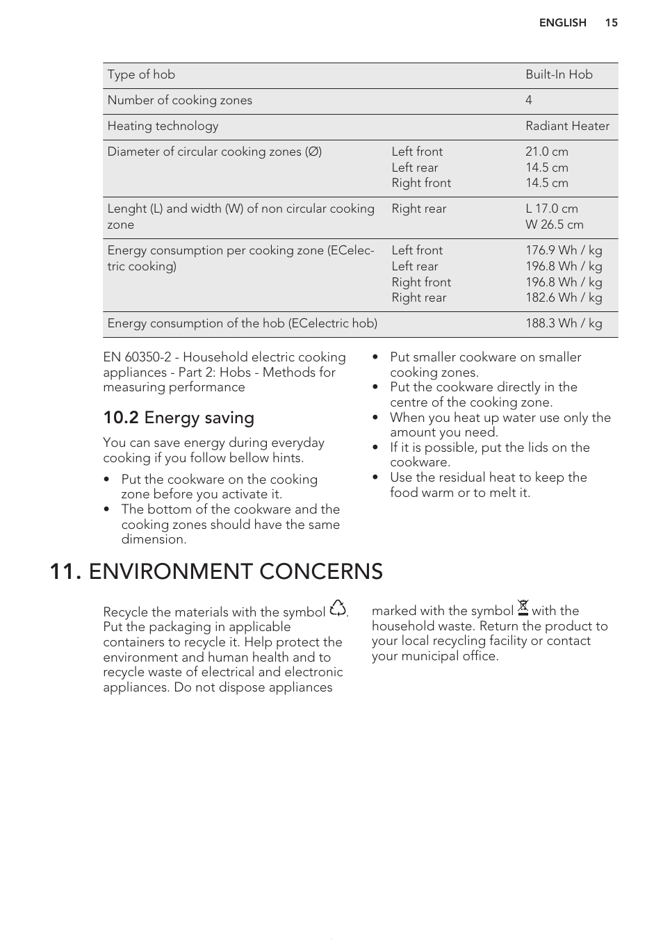 2 energy saving, Environment concerns | AEG HK624010FB User Manual | Page 15 / 16