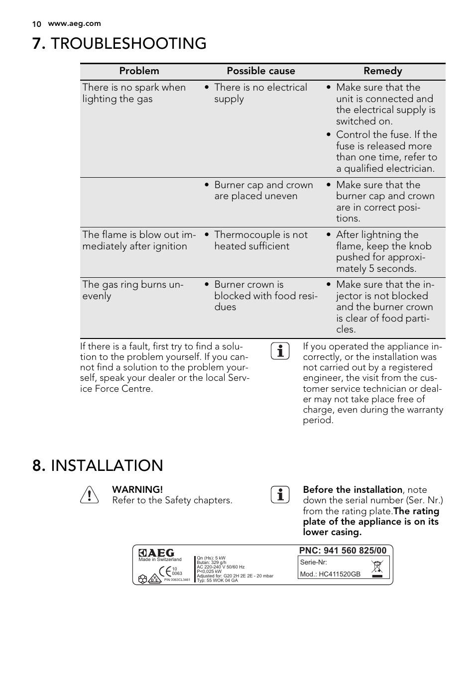 Troubleshooting, Installation | AEG HC452400EB User Manual | Page 10 / 20