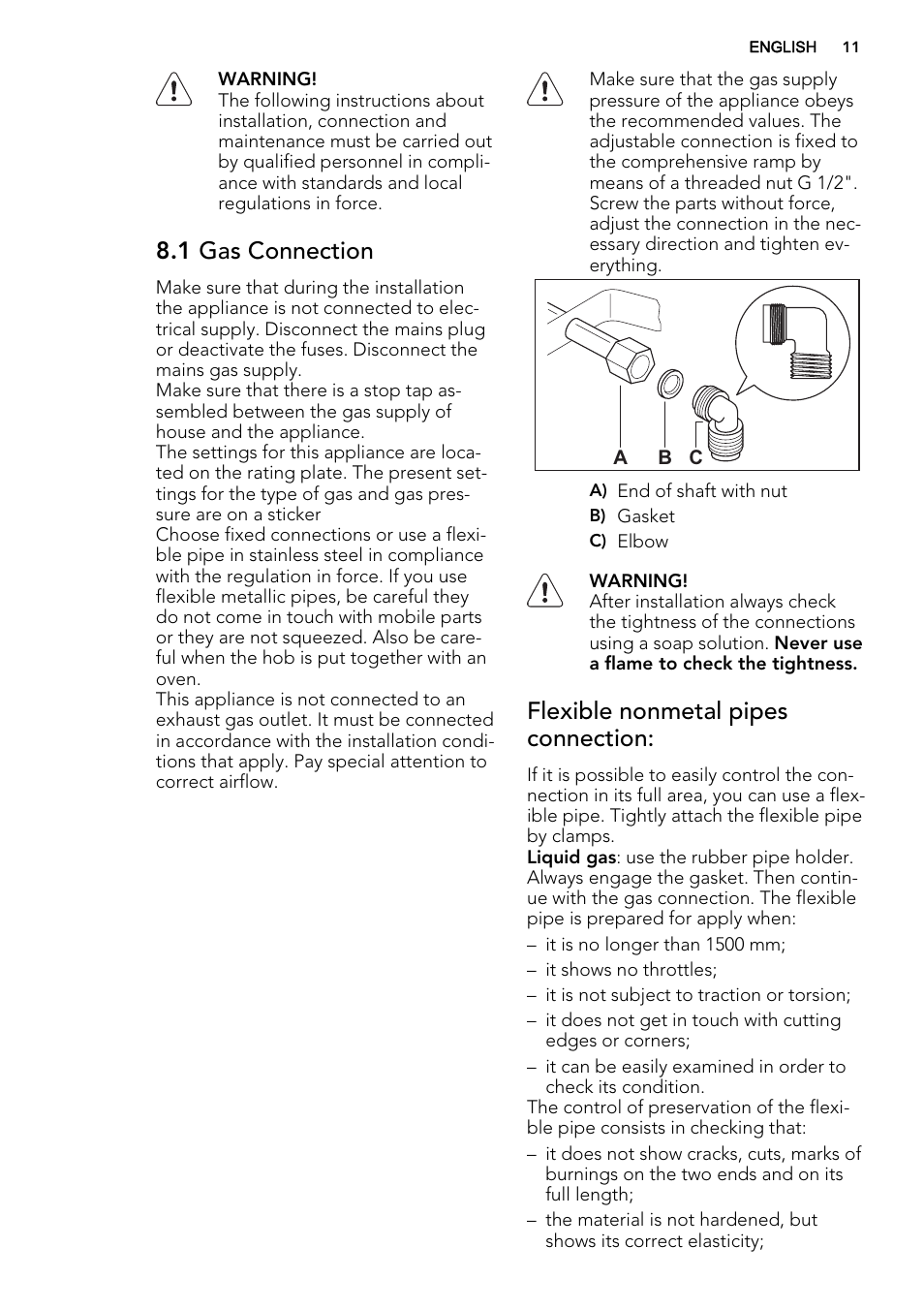 1 gas connection, Flexible nonmetal pipes connection | AEG HC452400EB User Manual | Page 11 / 20