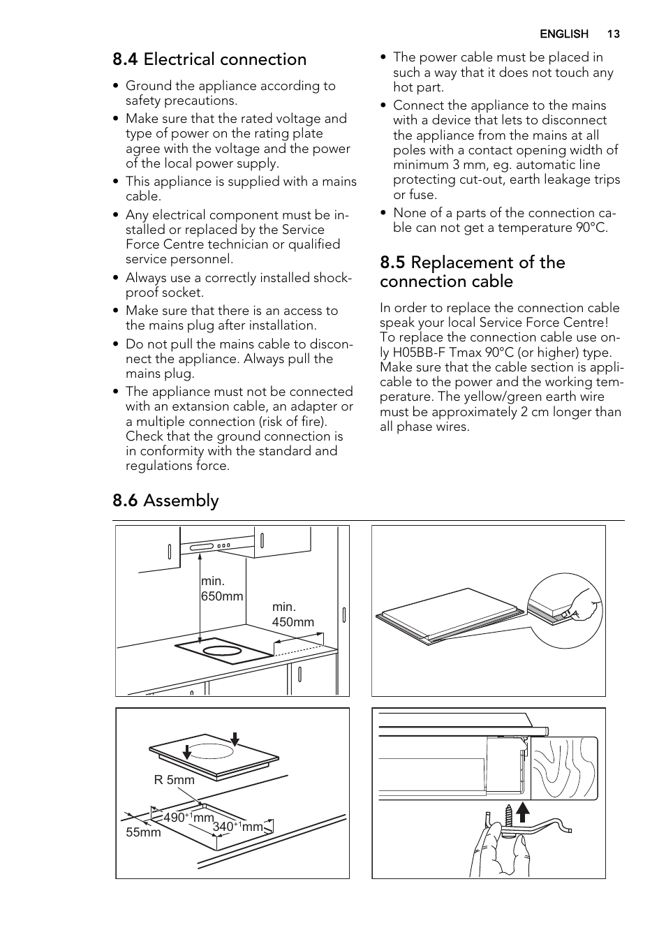 4 electrical connection, 5 replacement of the connection cable, 6 assembly | AEG HC452400EB User Manual | Page 13 / 20