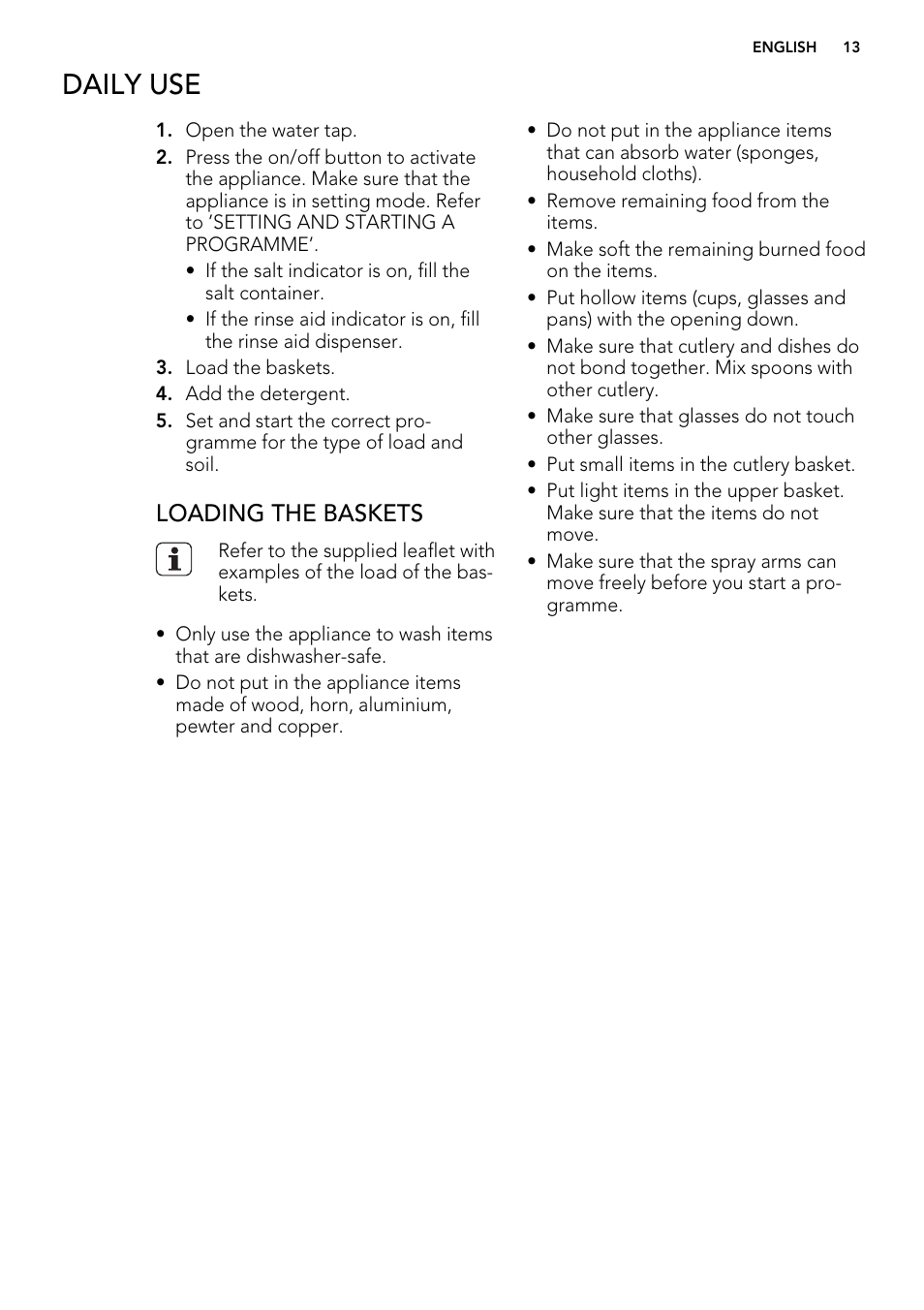 Daily use, Loading the baskets | AEG F78400VI0P User Manual | Page 13 / 24