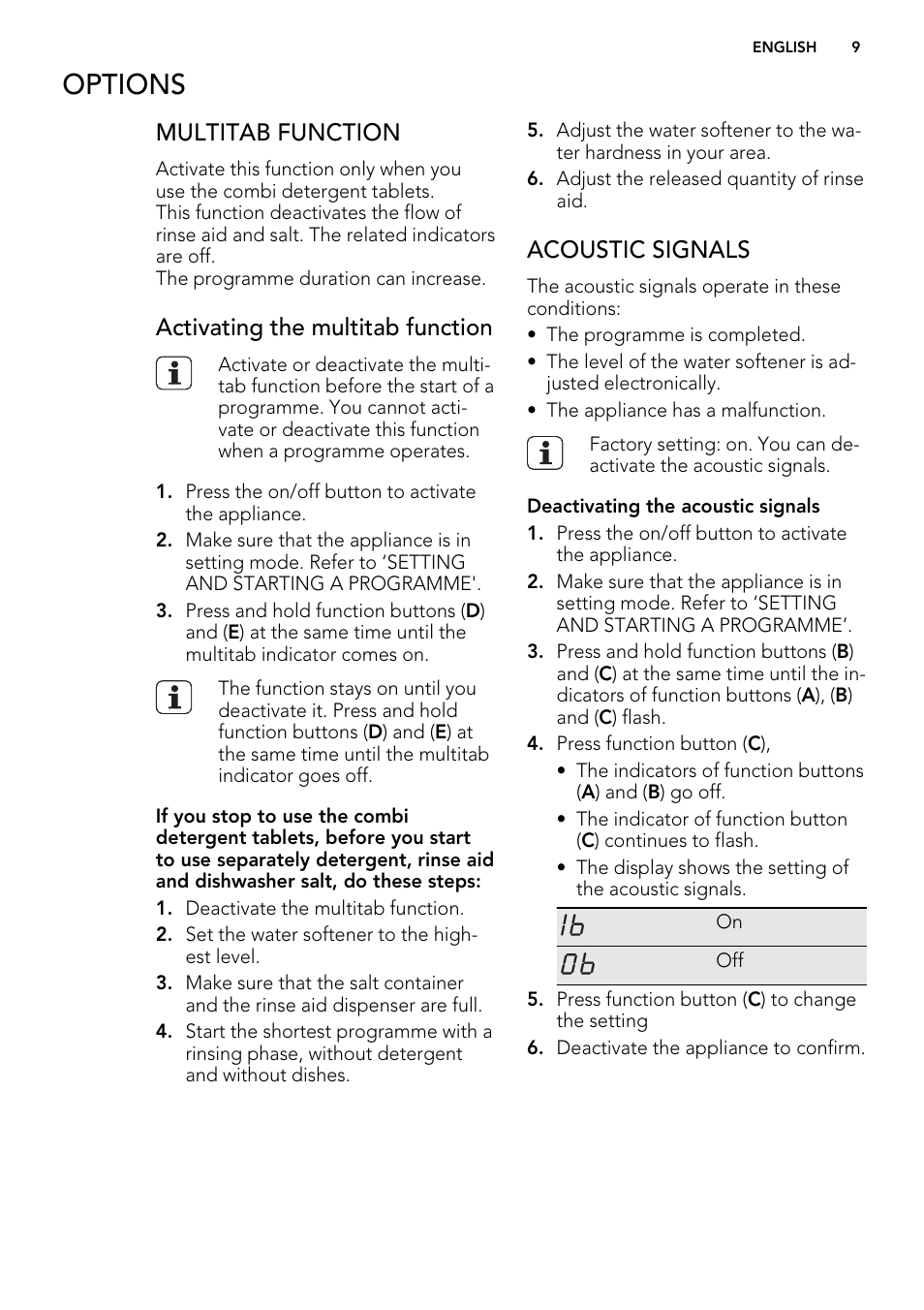 Options, Multitab function, Activating the multitab function | Acoustic signals | AEG F78400VI0P User Manual | Page 9 / 24