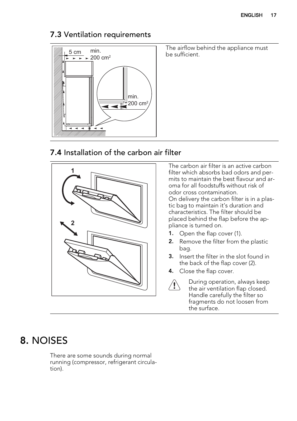 Noises, 3 ventilation requirements, 4 installation of the carbon air filter | AEG SKS61840S1 User Manual | Page 17 / 20
