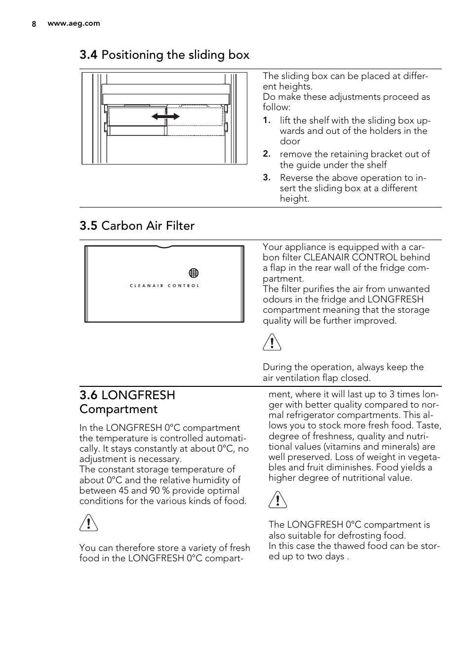 4 positioning the sliding box, 5 carbon air filter, 6 longfresh compartment | AEG SKS61840S1 User Manual | Page 8 / 20