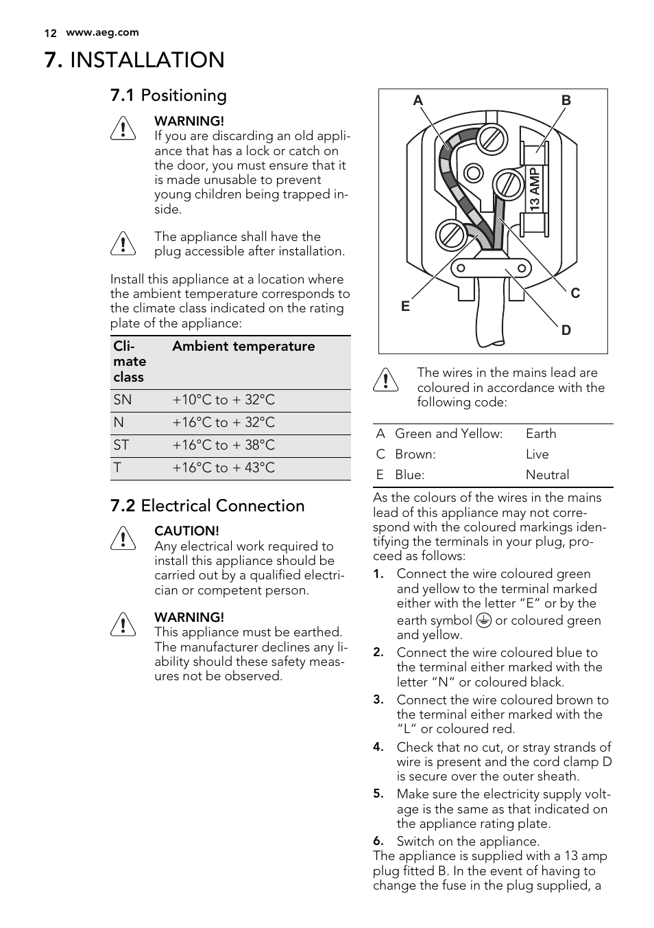 Installation, 1 positioning, 2 electrical connection | AEG SKS58200F0 User Manual | Page 12 / 16