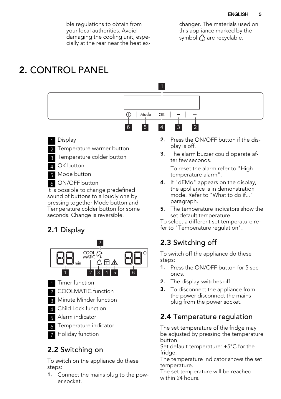 Control panel, 1 display, 2 switching on | 3 switching off, 4 temperature regulation | AEG SKS58200F0 User Manual | Page 5 / 16