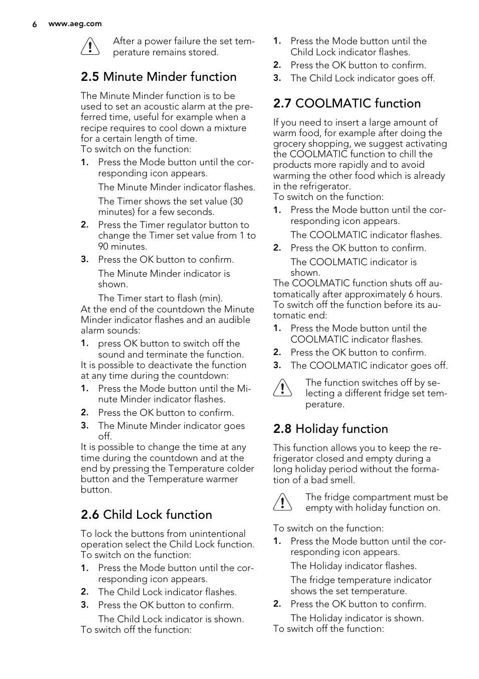5 minute minder function, 6 child lock function, 7 coolmatic function | 8 holiday function | AEG SKS58200F0 User Manual | Page 6 / 16