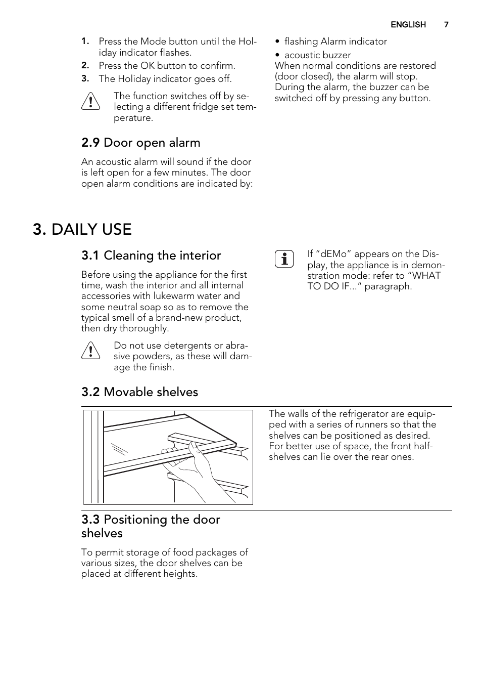 Daily use, 9 door open alarm, 1 cleaning the interior | 2 movable shelves, 3 positioning the door shelves | AEG SKS58200F0 User Manual | Page 7 / 16