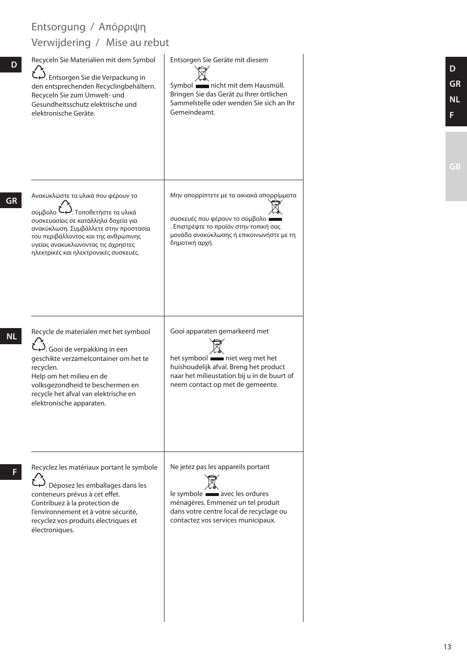 Entsorgung, Απόρριψη, Verwijdering | Mise au rebut | AEG DBS2300-U User Manual | Page 13 / 24