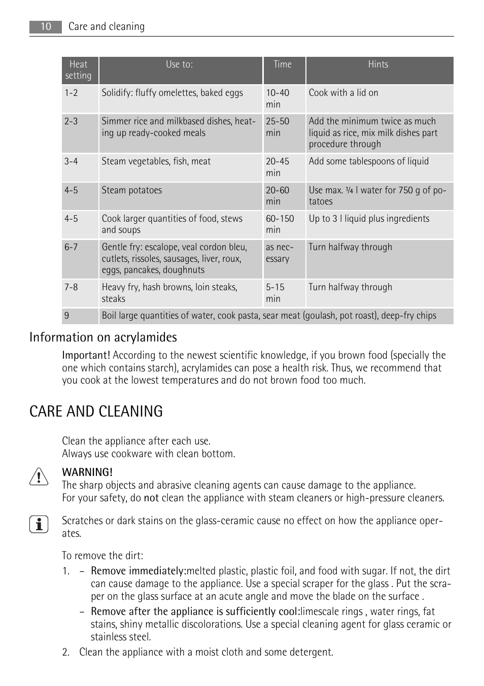 Care and cleaning, Information on acrylamides | AEG HK854080FB User Manual | Page 10 / 16