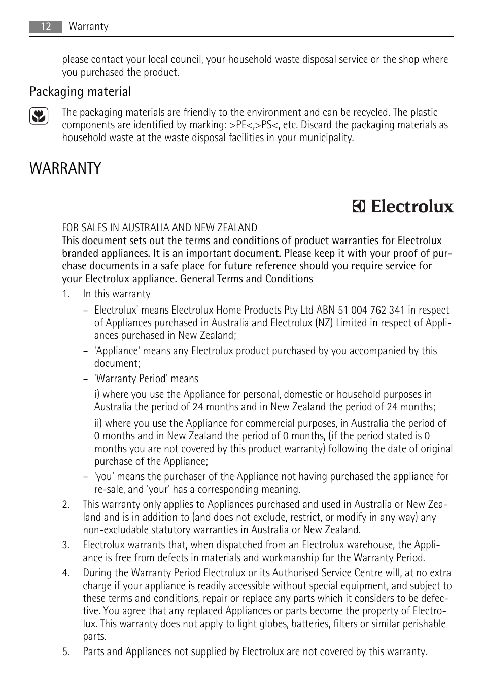 Warranty, Packaging material | AEG HK854080FB User Manual | Page 12 / 16