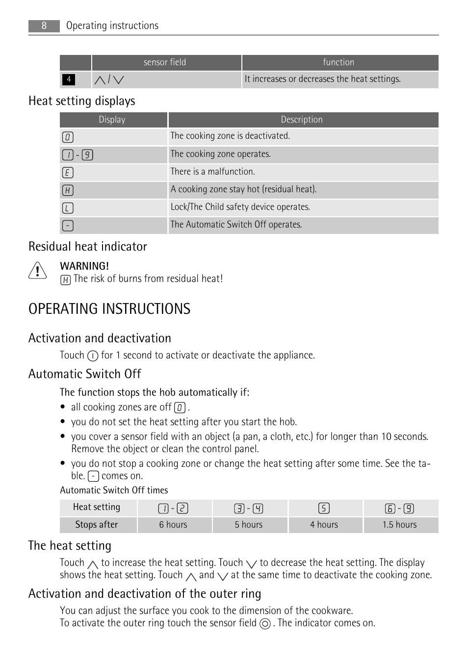 Operating instructions, Heat setting displays, Residual heat indicator | Activation and deactivation, Automatic switch off, The heat setting, Activation and deactivation of the outer ring | AEG HK854080FB User Manual | Page 8 / 16