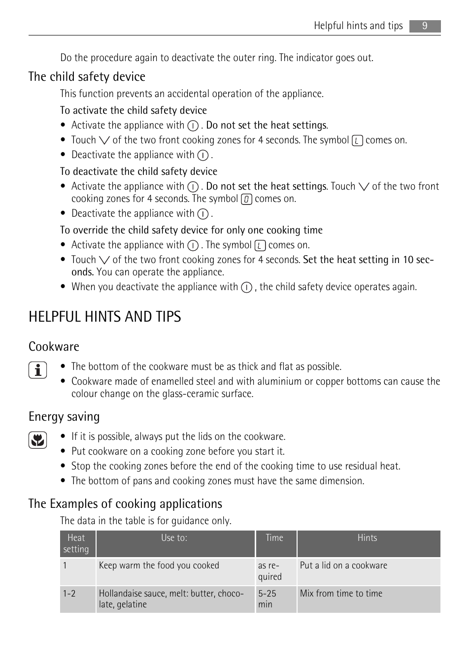 Helpful hints and tips, The child safety device, Cookware | Energy saving, The examples of cooking applications | AEG HK854080FB User Manual | Page 9 / 16