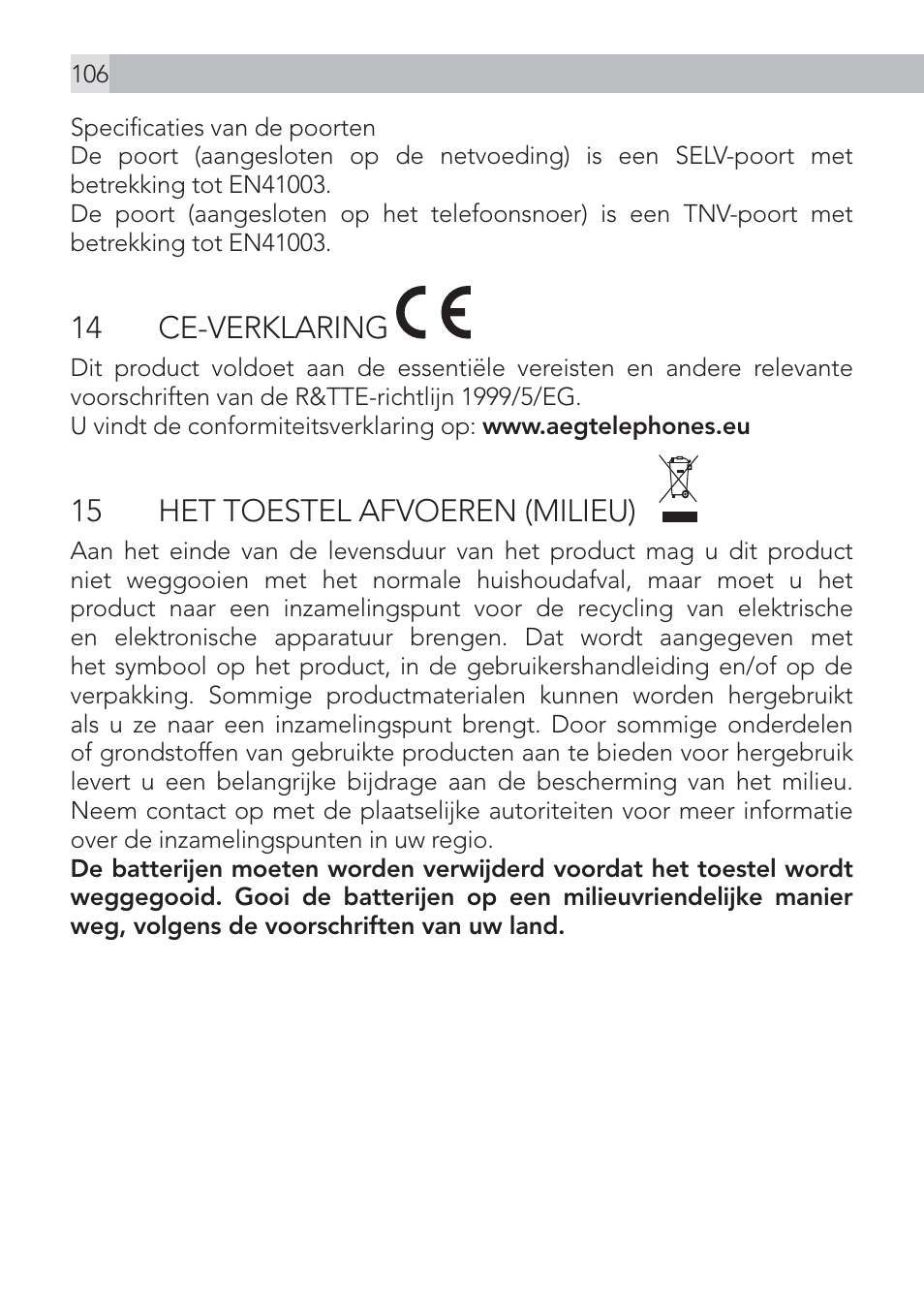 14 ce-verklaring, 15 het toestel afvoeren (milieu) | AEG Voxtel D575 User Manual | Page 106 / 136