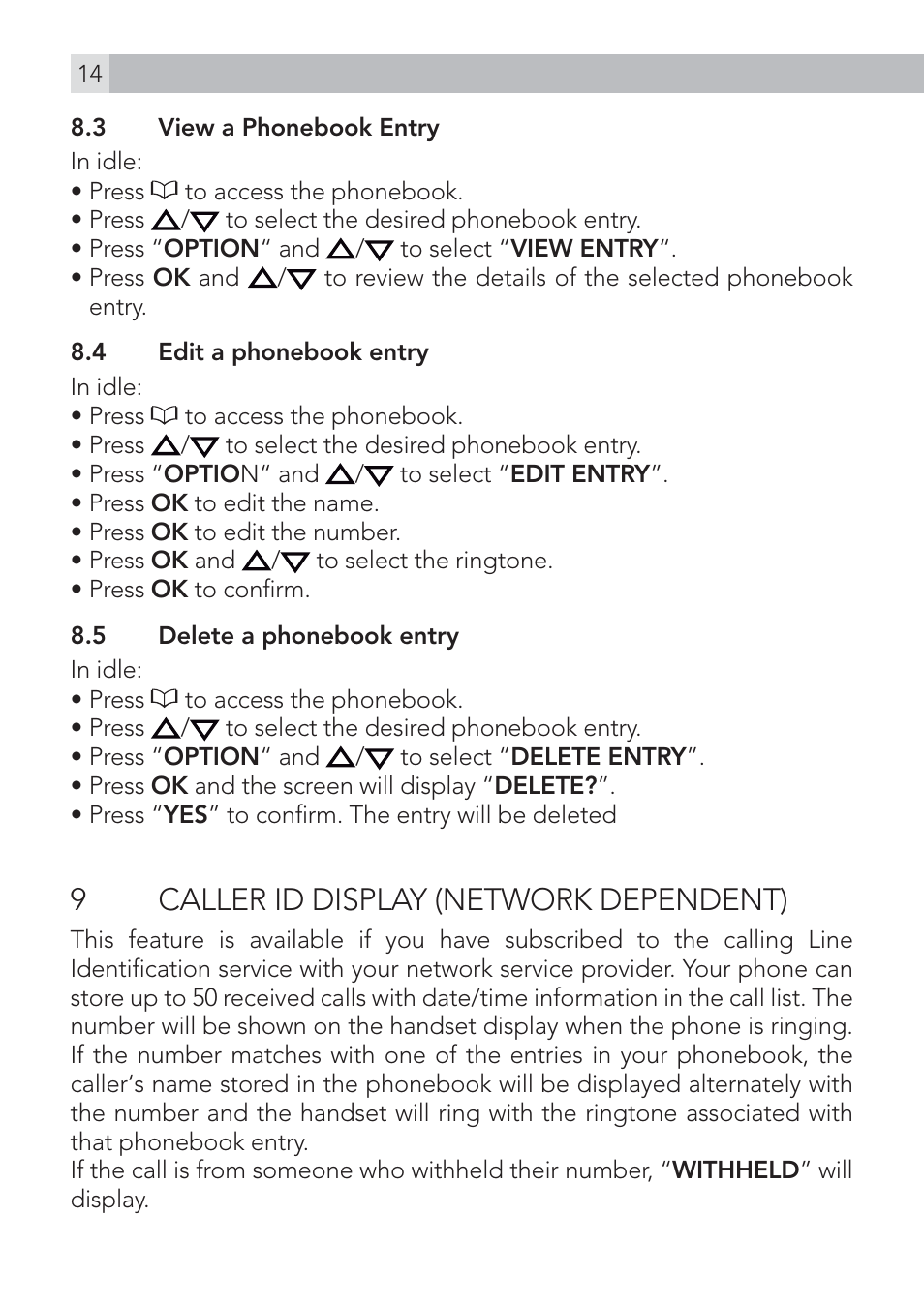 9caller id display (network dependent) | AEG Voxtel D575 User Manual | Page 14 / 136