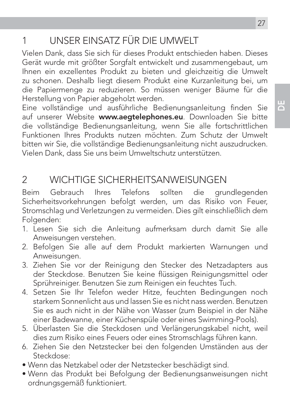 1unser einsatz für die umwelt, 2 wichtige sicherheitsanweisungen | AEG Voxtel D575 User Manual | Page 27 / 136