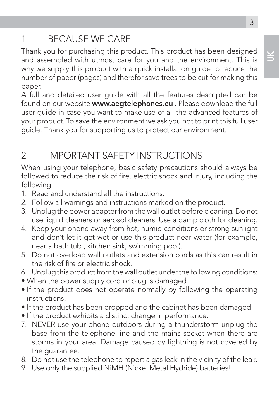 1because we care, 2important safety instructions | AEG Voxtel D575 User Manual | Page 3 / 136