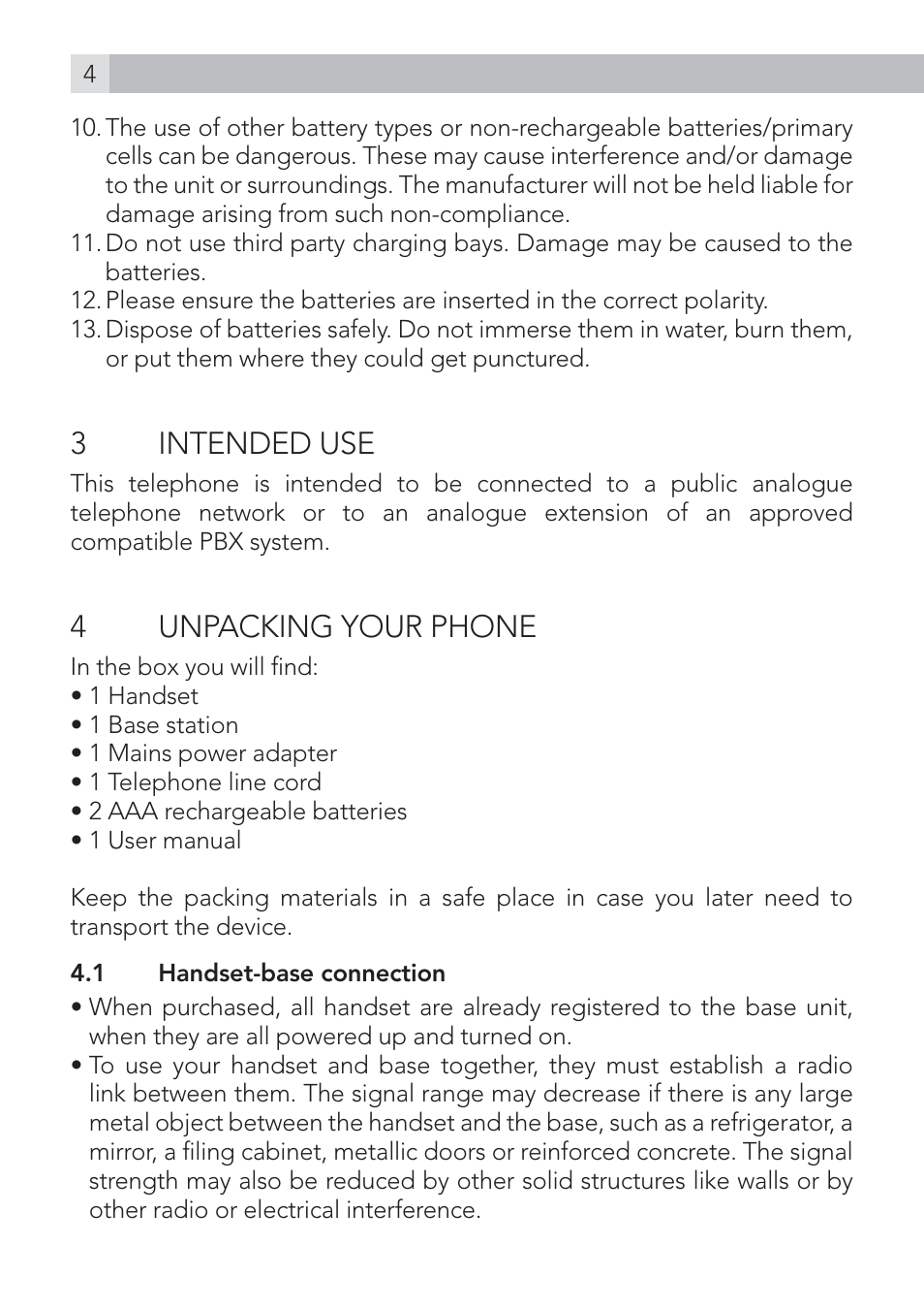 3 intended use, 4unpacking your phone | AEG Voxtel D575 User Manual | Page 4 / 136