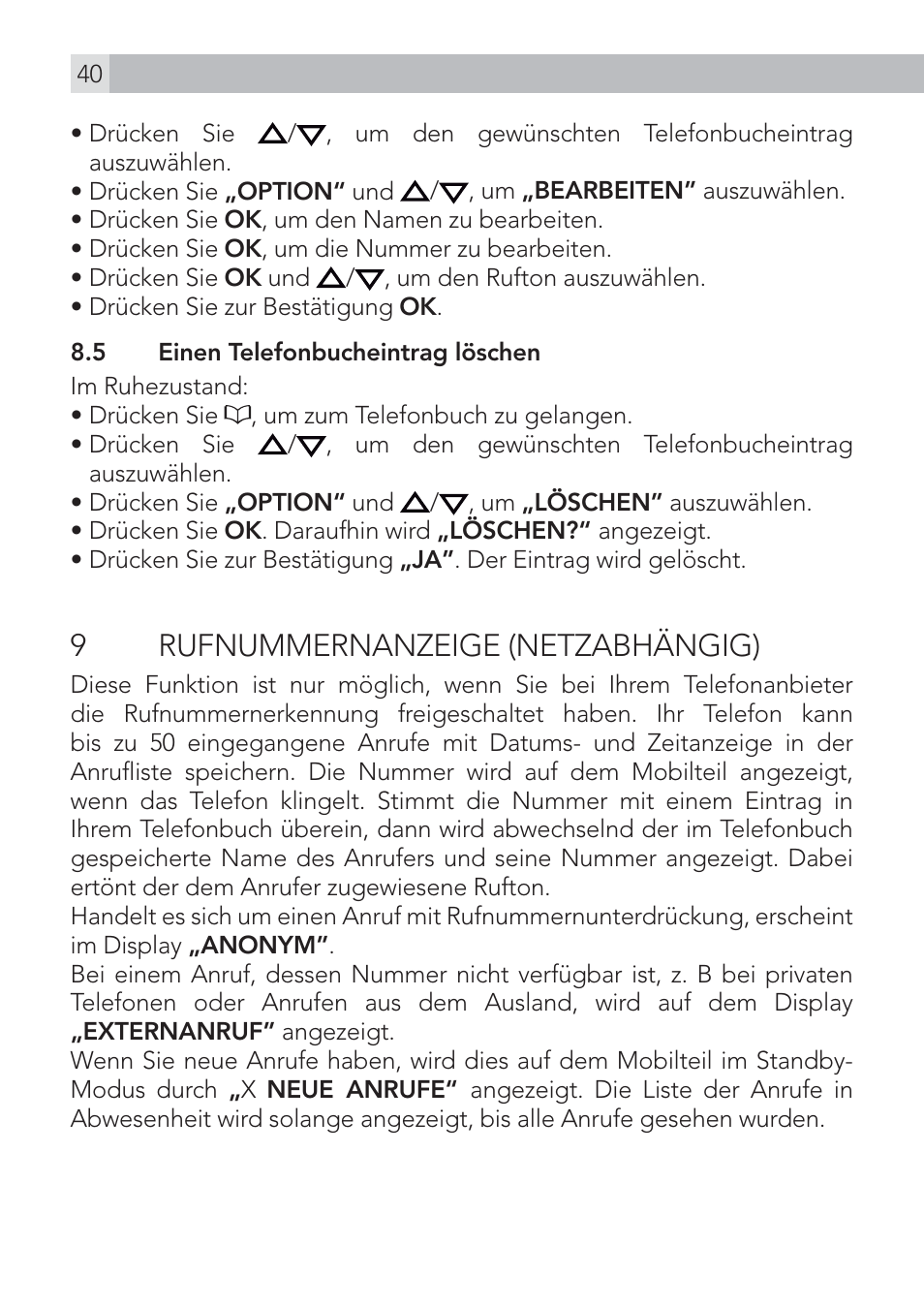 9 rufnummernanzeige (netzabhängig) | AEG Voxtel D575 User Manual | Page 40 / 136