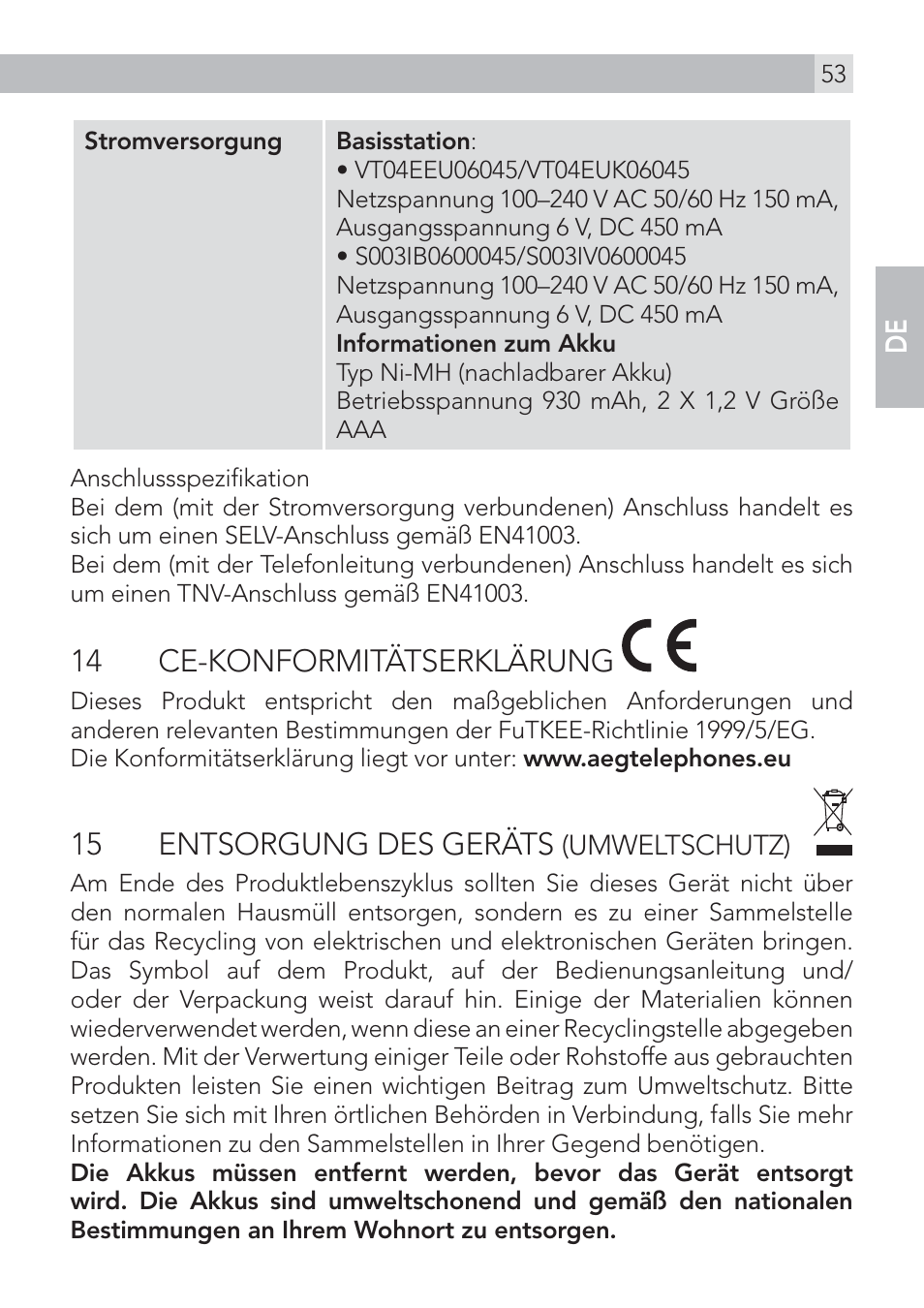 14 ce-konformitätserklärung, 15 entsorgung des geräts | AEG Voxtel D575 User Manual | Page 53 / 136