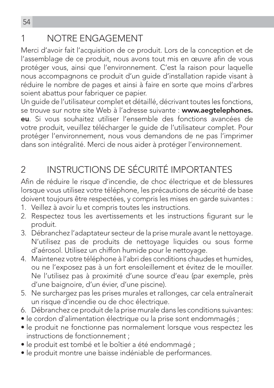 1 notre engagement, 2instructions de sécurité importantes | AEG Voxtel D575 User Manual | Page 54 / 136