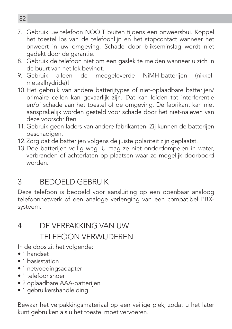 3 bedoeld gebruik, 4de verpakking van uw telefoon verwijderen | AEG Voxtel D575 User Manual | Page 82 / 136