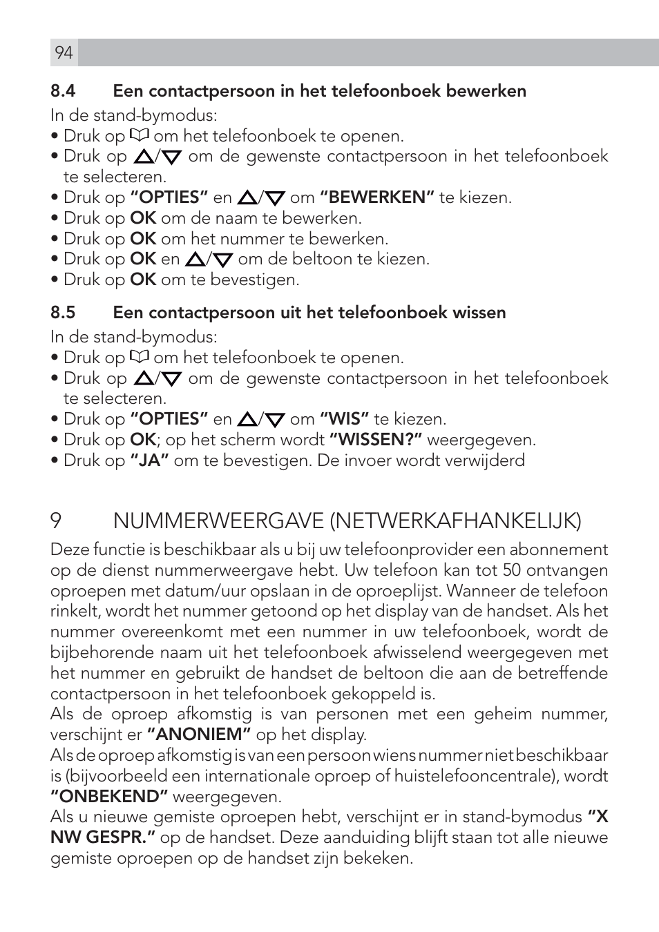 9 nummerweergave (netwerkafhankelijk) | AEG Voxtel D575 User Manual | Page 94 / 136