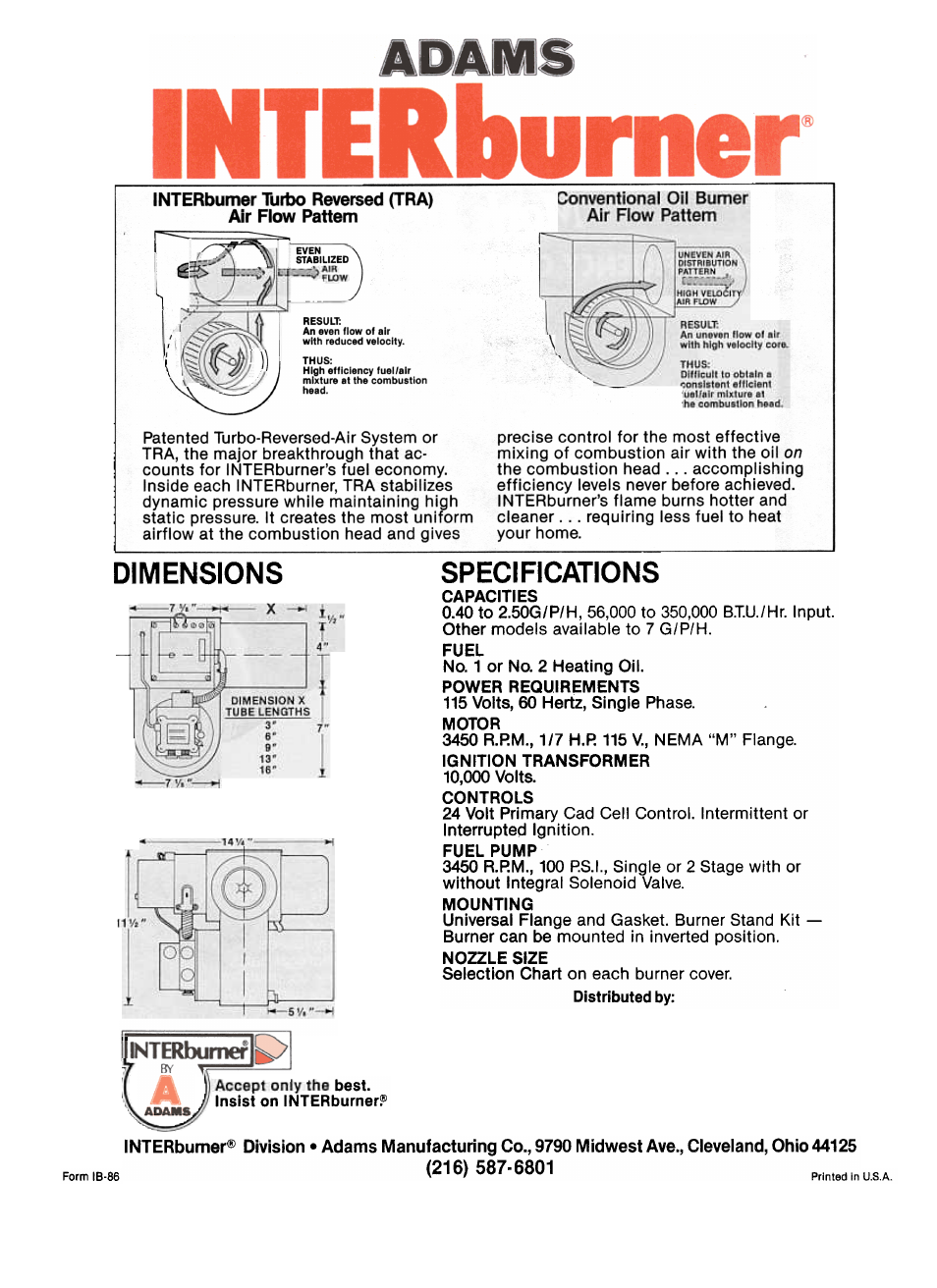Interburner, Interburner turbo reversed (tra) air flow pattern, Conventional oil burner air flow pattern | Adams, Dimensions, Specifications, Lllnterbumef | Adams Mark 10 User Manual | Page 2 / 2