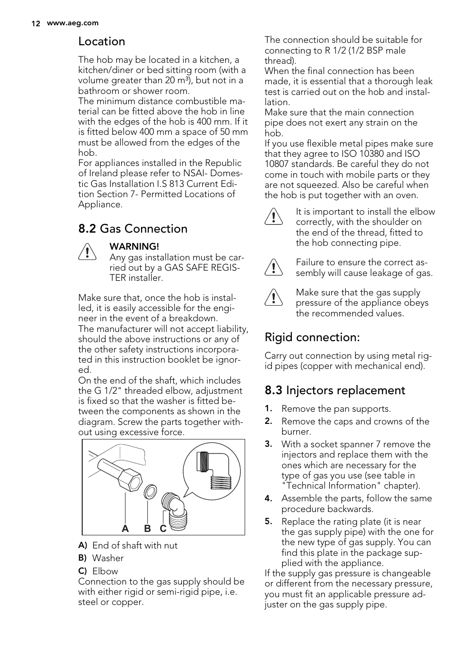 Location, 2 gas connection, Rigid connection | 3 injectors replacement | AEG HG755520UM User Manual | Page 12 / 20