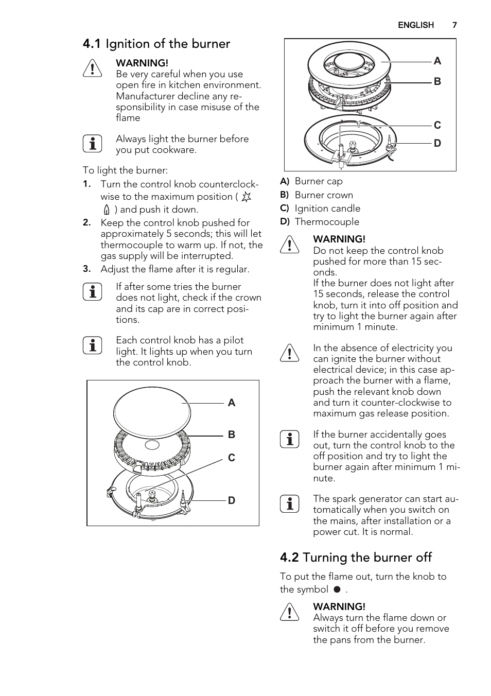 1 ignition of the burner, 2 turning the burner off | AEG HG755520UM User Manual | Page 7 / 20
