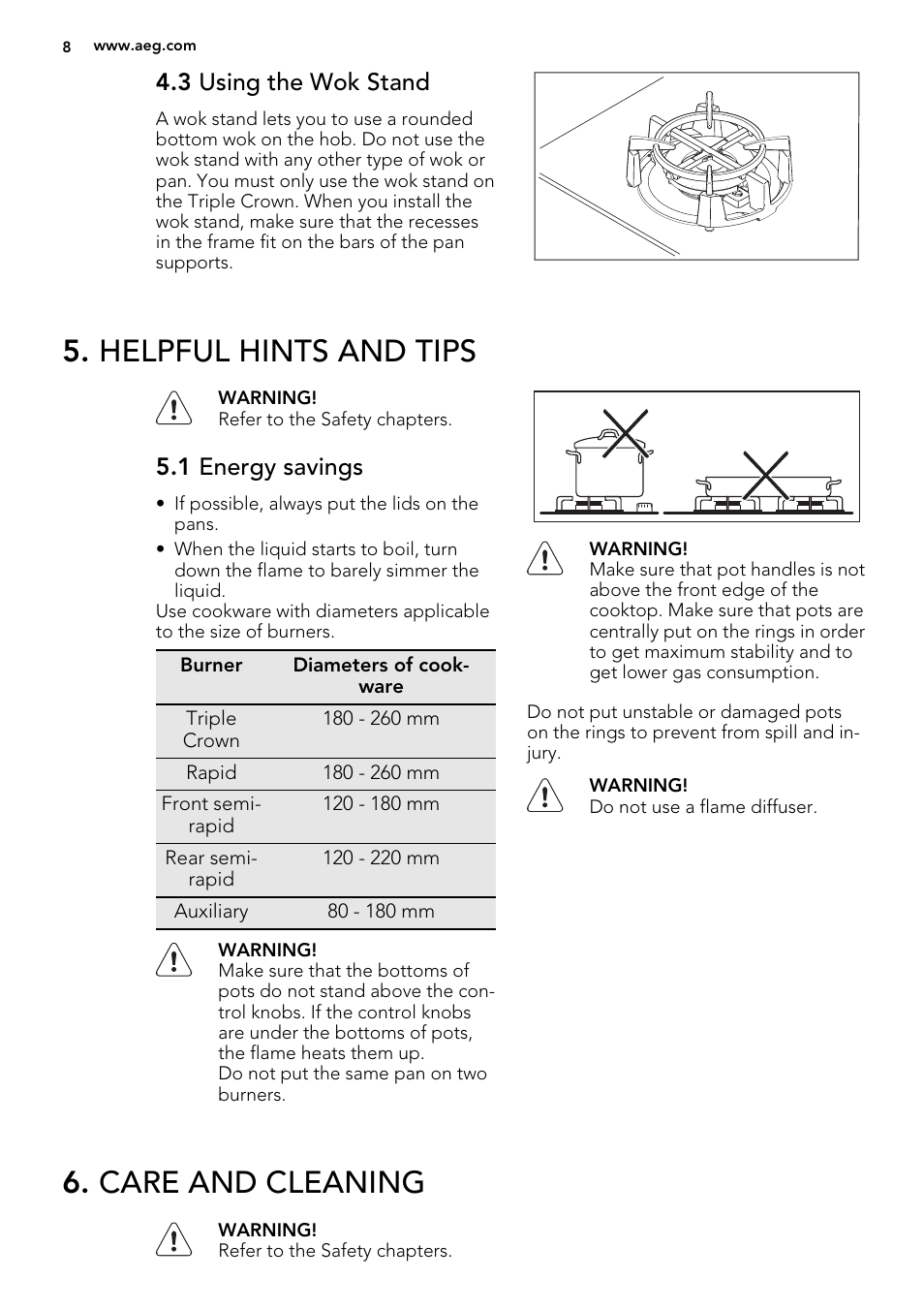 Helpful hints and tips, Care and cleaning, 3 using the wok stand | 1 energy savings | AEG HG755520UM User Manual | Page 8 / 20