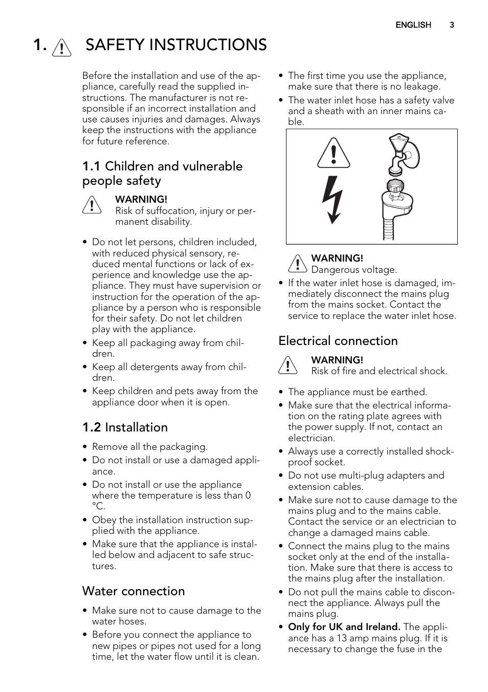 Safety instructions, 1 children and vulnerable people safety, 2 installation | Water connection, Electrical connection | AEG F55002VI0P User Manual | Page 3 / 20