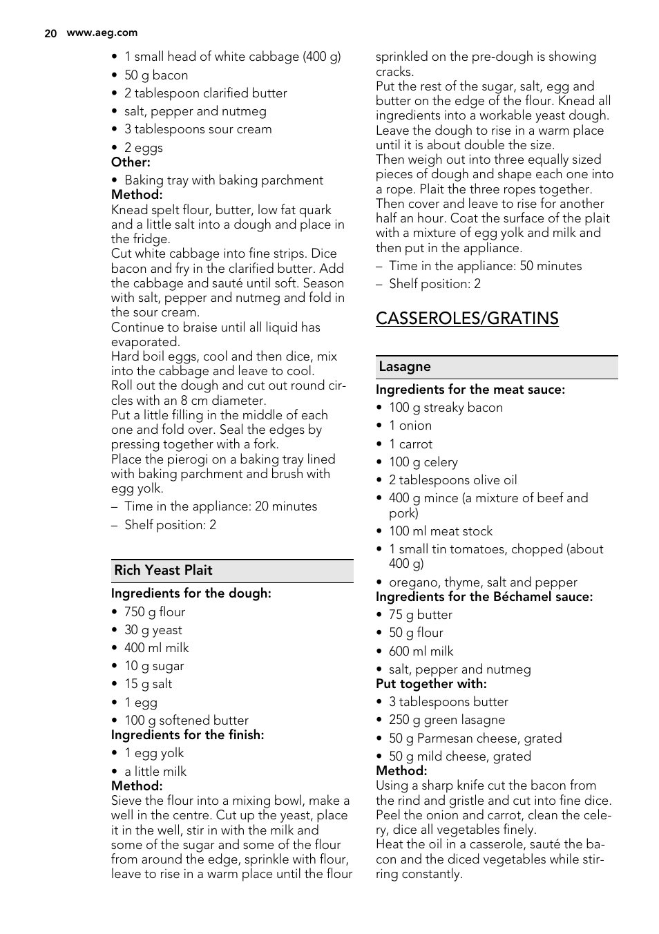 Casseroles/gratins | AEG KE8404021M User Manual | Page 20 / 28
