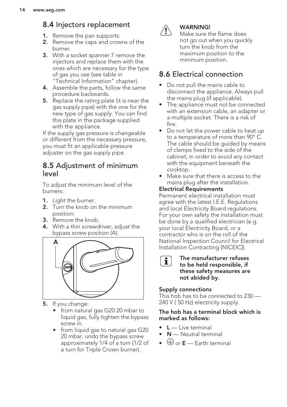 4 injectors replacement, 5 adjustment of minimum level, 6 electrical connection | AEG HG654320NM User Manual | Page 14 / 20